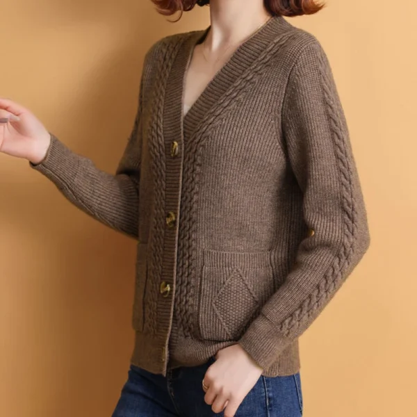 Winter V Neck Knitted Cardigan Women Simple Long Sleeve Twist Sweaters - Image 6