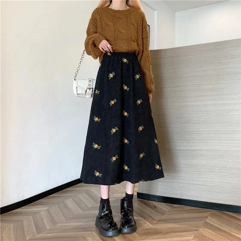 Floral Corduroy Skirts Women High Waist Sweet Midi Skirt Elegant Fall Winter - Image 5