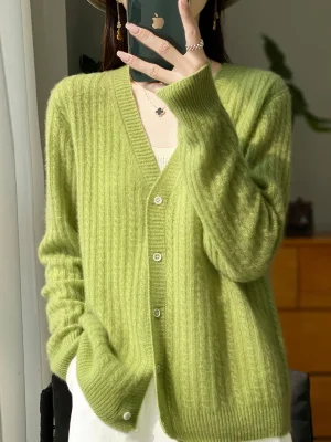 Women’s V-Neck 100% Wool Cashmere Cardigan Women’s Knit Sweater