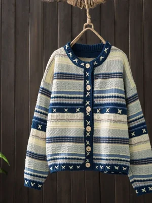 Japanese Style Artistic Small Fresh Loose Round Neck Striped