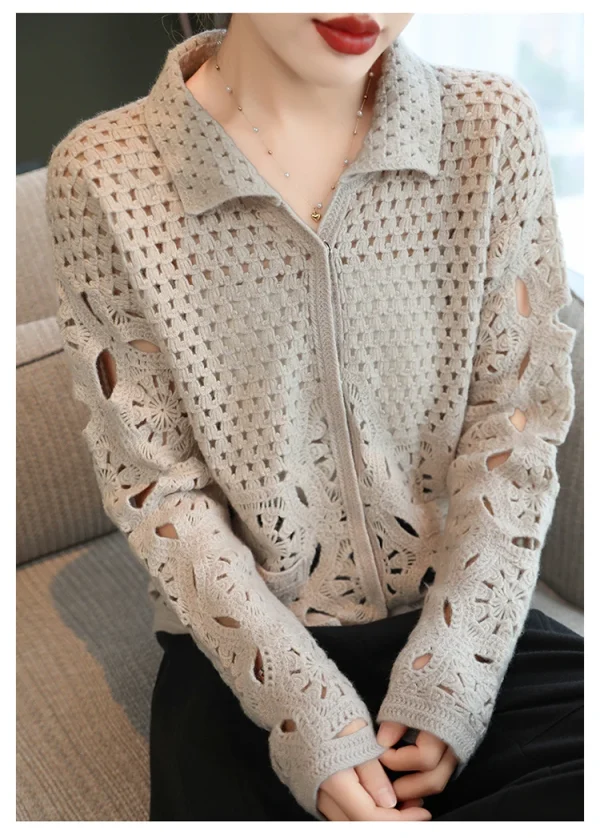 Crochet Embroidery Hollowed Out Transparent Wool Cardigan Women's office Polo - Image 8