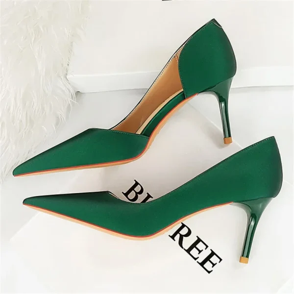 Women 7cm High Heels Hollow Silk Satin Pumps Lady Green - Image 3