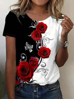 Women’s Clothes Rose Print Color Block T-shirt Casual Crew Neck Short