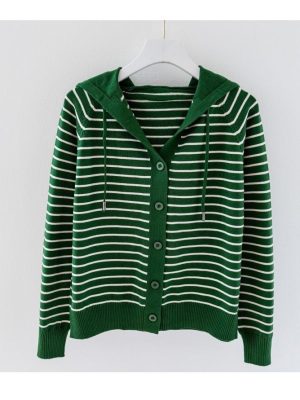 Winter New Hooded Knit Cardigan Sweatshirt Western Loose Striped Hooded Top