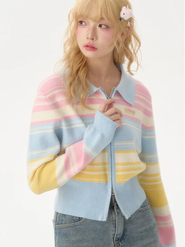 Fashion Rainbow Cardigan Sweaters Women Casual Zipper Sweet Knitted Short Coat - Image 3