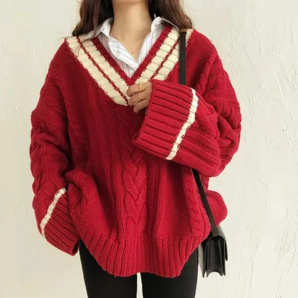 Oversize Sweet Women Sweaters Long Sleeve V Neck Vintage Lazy Wind Knitted