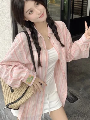 Sweet Striped Loose Shirt Women Long Sleeve Elegant Korean Blouse