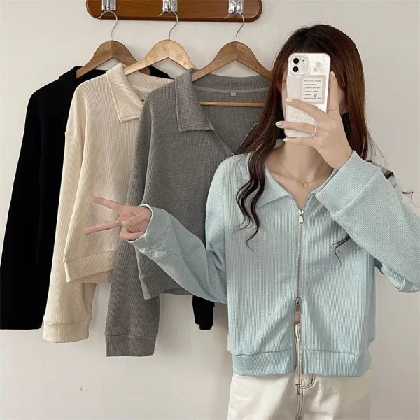 Double Zipper Sweatshirts Women Casual Long Sleeve Fashion Short