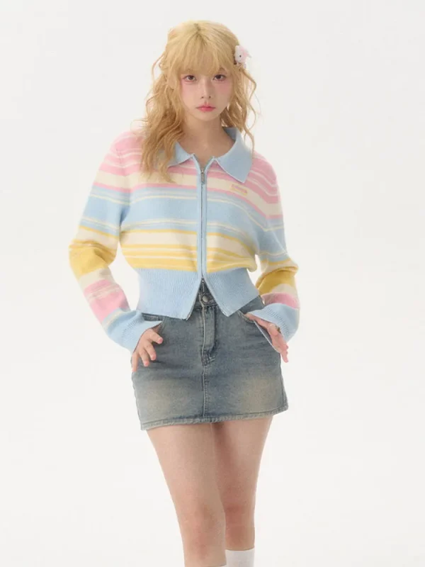 Fashion Rainbow Cardigan Sweaters Women Casual Zipper Sweet Knitted Short Coat - Image 6