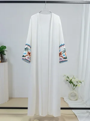 Printed Long Sleeve Open Front Abaya Muslim Kaftans Maxi Length Ramadan