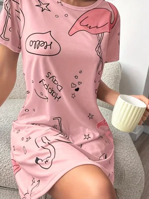 Women’s Dress Flamingo Letter Printed Pajamas Short Sleeve O Neck T-Shirt