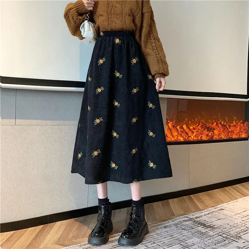 Floral Corduroy Skirts Women High Waist Sweet Midi Skirt Elegant Fall Winter - Image 3