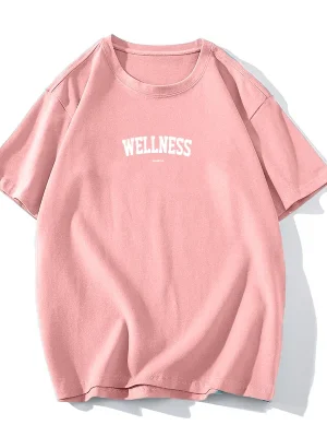 Wellness Letter Print T-Shirt Short Sleeve Crew Neck Casual Top