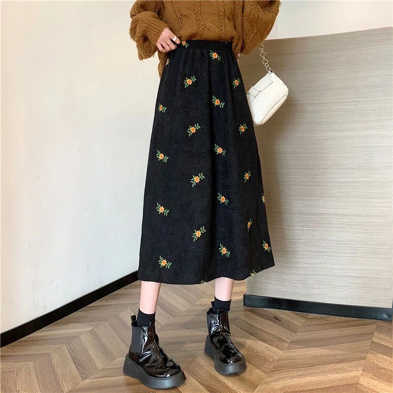 Floral Corduroy Skirts Women High Waist Sweet Midi Skirt Elegant Fall Winter