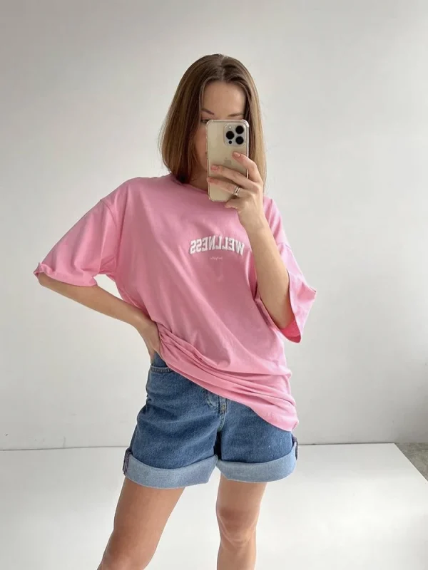 Wellness Letter Print T-Shirt Short Sleeve Crew Neck Casual Top - Image 4