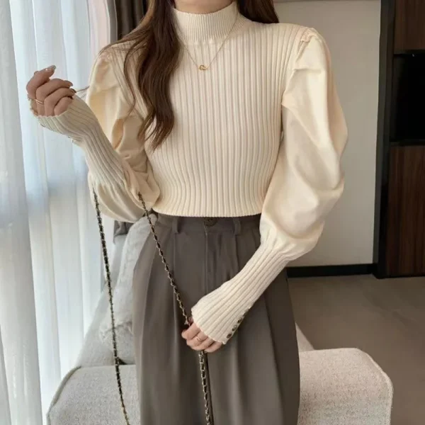 Puff Sleeve Sweaters Women Sweet Long Sleeve Korean Knitted - Image 4