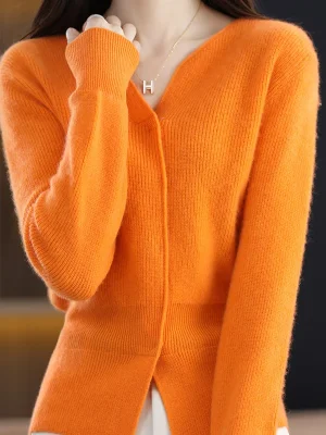 Cashmere Sweater Women’s Cardigan Scissors Collar Hidden Buckle Pure Wool Sweater