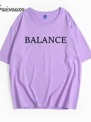 Balance Letter Printed T-Shirt Women Soft Casual Loose Short Sleeve