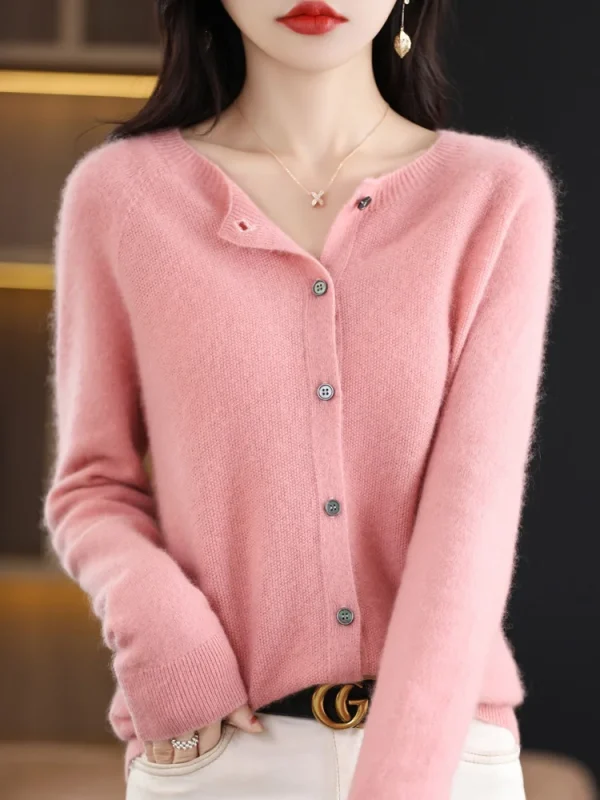 Fashion Spring Merino Wool Womens O-neck Cardigan Cashmere Sweater