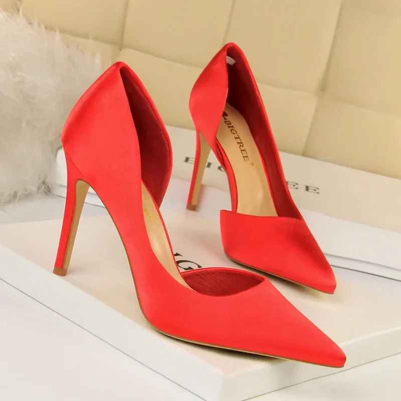 Women Fetish 9.5cm High Heels Royal Blue Wine Red Pumps Satin - Image 15