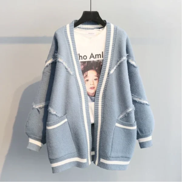 Korean Version Loose English Letter Fashion Thickened Knitted Mid Length Sweater Cardigan Coat - Image 5