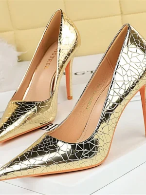 Women 10.5cm High Heels Pumps Lady Stiletto Metallic Silver Gray Leather