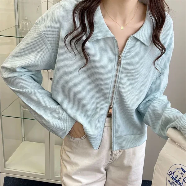 Double Zipper Sweatshirts Women Casual Long Sleeve Fashion Short - Image 3