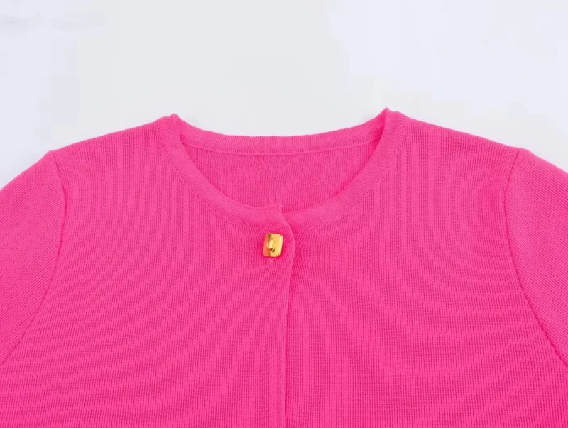 Women Thin Knitted Short Top Casual Solid O-Neck Short Sleeves Single Button Sweater - Image 6