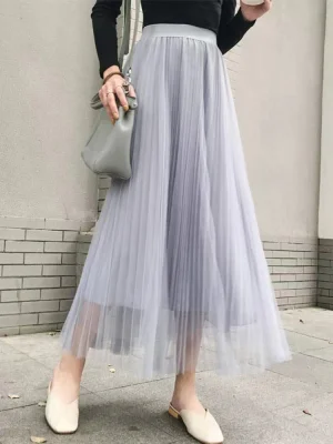 Elegant Women Tulle Skirt Korean Fashion Mesh White A Line Ladies Pleated Skirt