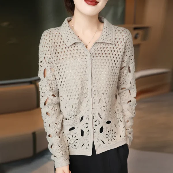 Crochet Embroidery Hollowed Out Transparent Wool Cardigan Women's office Polo - Image 2