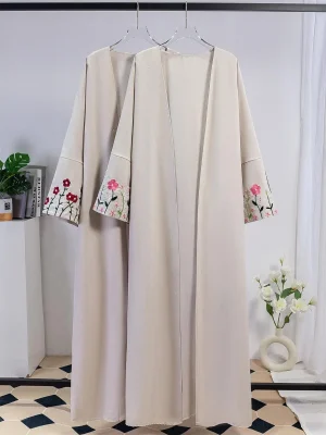 Open Front Abaya Women Maxi Length Dress Embroidery Floral islamic