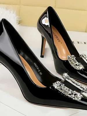 Thin High Heels Shoes Shallow Pointed Toe Patent Leather Metal Crystal Buckle Pumps Lady Shoes