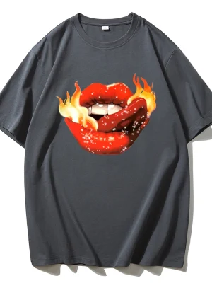 Hot Girl Lips Printed T-Shirt Women Soft Casual Short Sleeve Summer