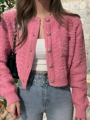 Korean Style Pink Round Neck Cropped Cardigans for Women Chic Button