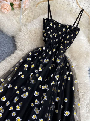 Korean Fashion Daisy Flower Print Mesh Party Dress Summer Two Layers Spaghetti Strap