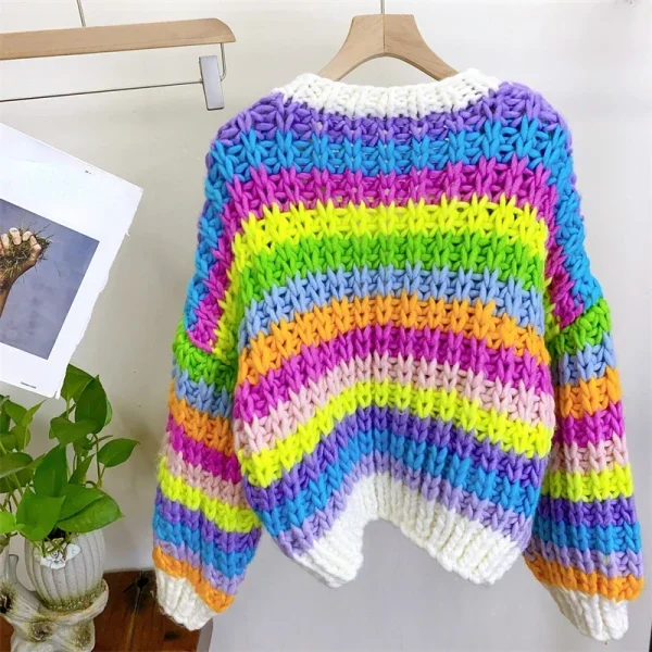 Women Handmade Rainbow Colorful Warm Chunky Knit Bulky Cardigan Multi Color Sweater - Image 2