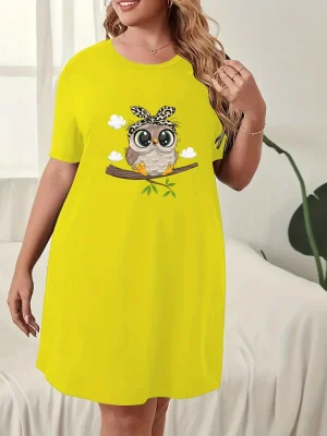 Women’s Nightgowns Round Neck Short Sleeve Dress Printed Owl Micro