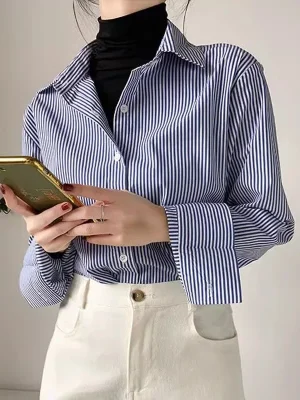 Korean Striped Women Shirts Fall Long Sleeve Office Ladies Shirt