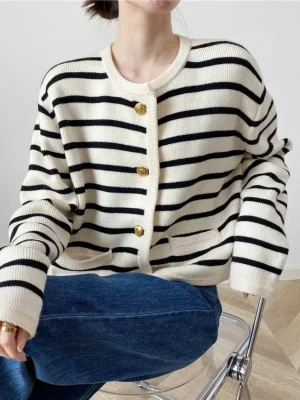 Winter Korean contrasting striped knitted cardigan women’s winter Single