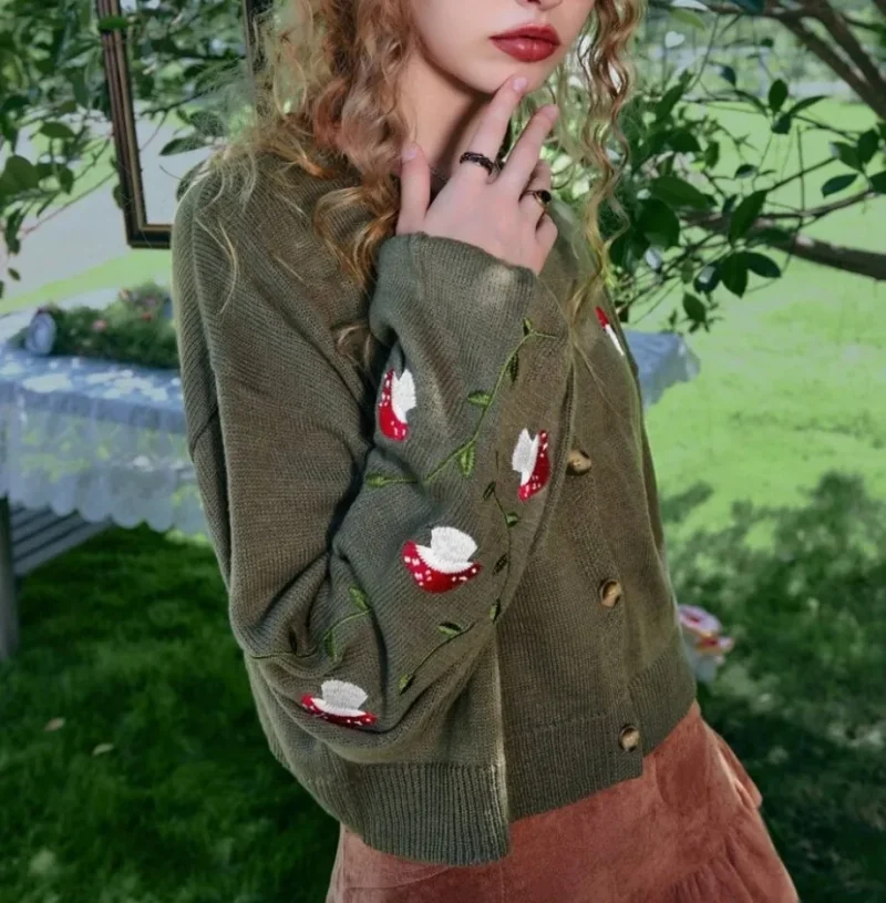 Women's autumn/winter mushroom button embroidered olive cardigan knit sweater - Image 4
