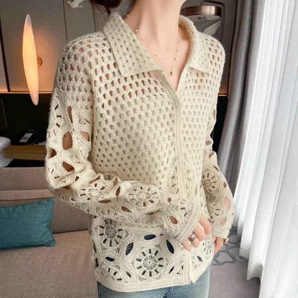 Crochet Embroidery Hollowed Out Transparent Wool Cardigan Women's office Polo - Image 5