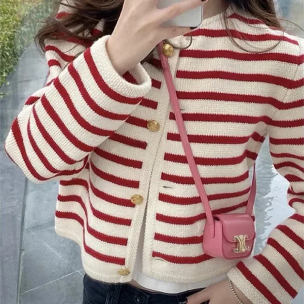 Winter Korean contrasting striped knitted cardigan women's winter Single - Image 4