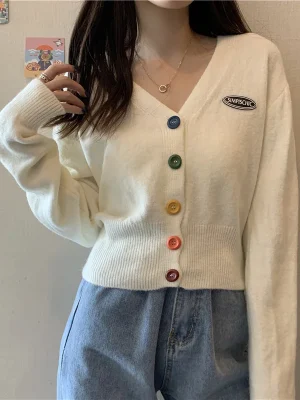 Cardigan Sweaters Women Casual Sweet Rainbow Buttons Knitted Coat Korean Female