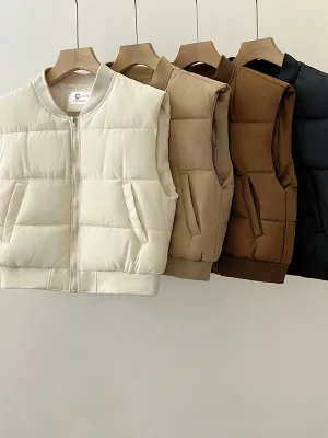 Winter Vintage Puffy Vest Women Casual Korean Pockets Warm Thick Parkas Jackets