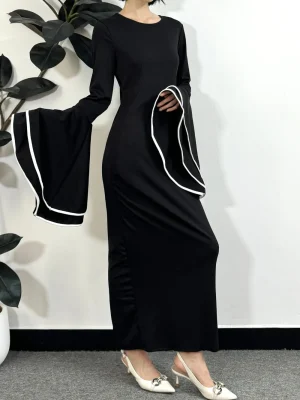 Muslim Evening Dress Women Party Dresses Flare Sleeve Elastic Elegant Slim