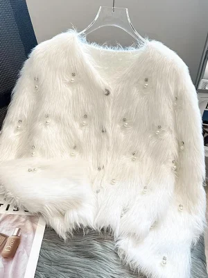 Elegant Pearl Faux Fur Cardigan Sweaters Women Korean Sweet