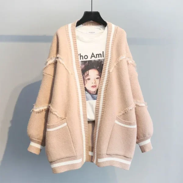 Korean Version Loose English Letter Fashion Thickened Knitted Mid Length Sweater Cardigan Coat - Image 6