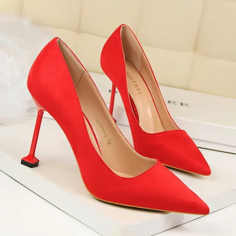 High Heels Pumps Lady Wedding Bridal Suede Flock Purple Green Thin Heels - Image 11