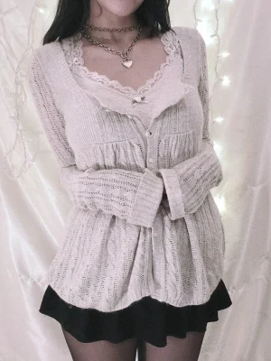 Knit Cardigan Long Sleeve Single Breasted Knitwear Women Vintage Aesthetic Kawaii Sweater