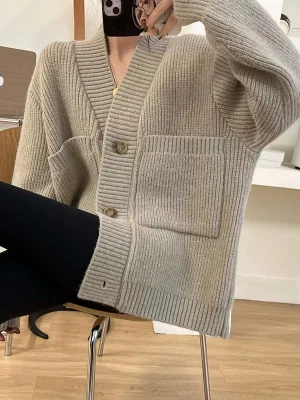 Oversize Casual Cardigan Sweaters Women Korean Big Pockets Long Sleeve Knitted Coat